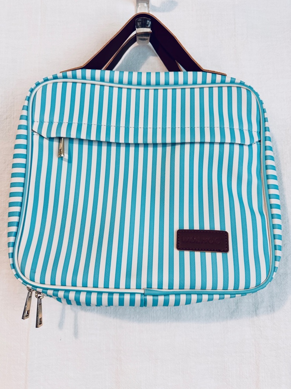 Striped Teal and White Travel Case